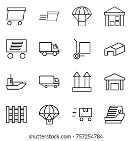 Thin line icon set : delivery, parachute, warehouse, cargo stoller, sea shipping, top sign, pallet, fast deliver, cruise ship