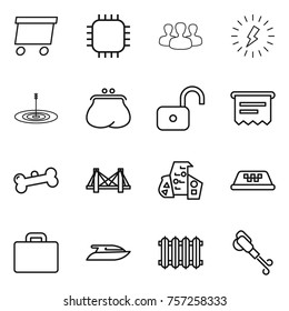Thin line icon set : delivery, chip, group, lightning, target, purse, unlock, atm receipt, bone, bridge, modern architecture, taxi, suitcase, yacht, radiator, blower