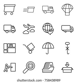 Thin line icon set : delivery, truck, parachute, journey, shipping, consolidated cargo, trolley, dry, do not hook sign, courier, search, cruise ship, package