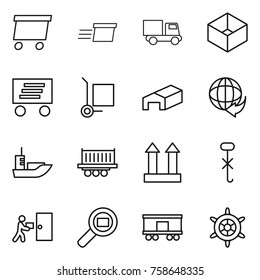 Thin line icon set : delivery, truck, box, cargo stoller, warehouse, sea shipping, top sign, do not hook, courier, search, railroad, handwheel