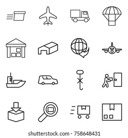 Thin line icon set : delivery, plane, truck, parachute, warehouse, sea shipping, car, do not hook sign, courier, package, cargo search, fast deliver