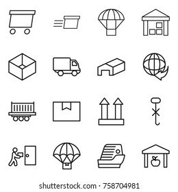 Thin line icon set : delivery, parachute, warehouse, box, truck shipping, package, cargo top sign, do not hook, courier, cruise ship