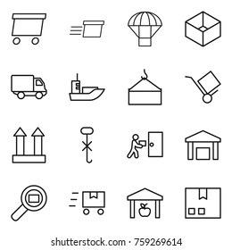 Thin line icon set : delivery, parachute, box, sea shipping, loading crane, trolley, cargo top sign, do not hook, courier, warehouse, search, fast deliver, package