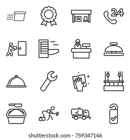 Thin line icon set : delivery, medal, gas station, phone 24, courier, hotel, reception, service bell, meal cap, wrench, wiping, skysrcapers cleaning, washing powder, vacuum cleaner, home call