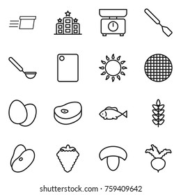 Thin line icon set : delivery, hotel, kitchen scales, spatula, ladle, cutting board, gas oven, sieve, eggs, steake, fish, spikelets, beans, berry, mushroom, beet