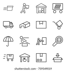 Thin line icon set : delivery, courier, warehouse, package box, trolley, dry cargo, sun potection, search, fast deliver
