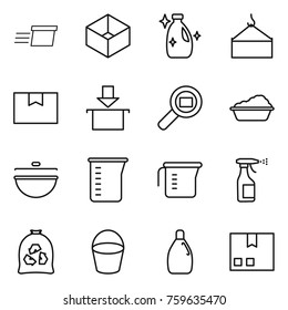 Thin line icon set : delivery, box, cleanser, loading crane, package, cargo search, washing, cauldron, measuring cup, sprayer, garbage bag, bucket