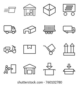 Thin line icon set : delivery, warehouse, box, truck shipping, scooter, package, trolley, cargo top sign, courier
