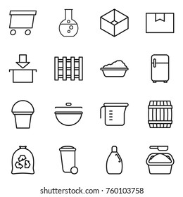 Thin line icon set : delivery, round flask, box, package, pallet, washing, fridge, bucket, cauldron, measuring cup, barrel, garbage bag, trash bin, cleanser, powder