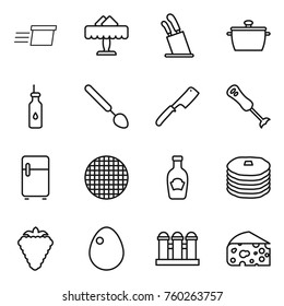 Thin line icon set : delivery, restaurant, stands for knives, pan, vegetable oil, big spoon, chef knife, blender, fridge, sieve, ketchup, pancakes, berry, egg, grain elevator, cheese