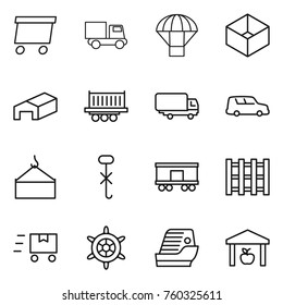 Thin line icon set : delivery, truck, parachute, box, warehouse, shipping, car, loading crane, do not hook sign, railroad, pallet, fast deliver, handwheel, cruise ship