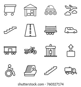 Thin line icon set : delivery, warehouse, lunar rover, journey, stairs, road, truck shipping, car, railroad, motorcycle, detector, baggage, invalid, cruise ship, sweeper