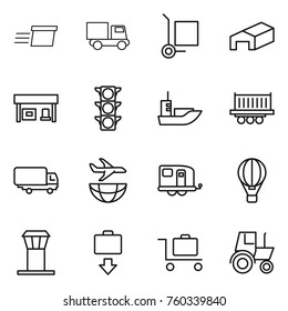 Thin line icon set : delivery, truck, cargo stoller, warehouse, gas station, traffic light, sea shipping, plane, trailer, air ballon, airport tower, baggage get, trolley, tractor