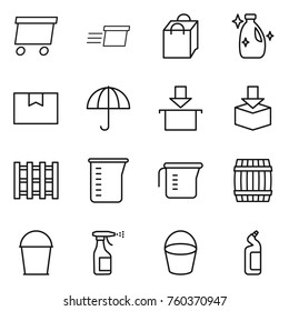 Thin line icon set : delivery, shopping bag, cleanser, package box, dry cargo, pallet, measuring cup, barrel, bucket, sprayer, toilet