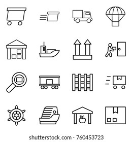 Thin line icon set : delivery, truck, parachute, warehouse, sea shipping, cargo top sign, courier, search, railroad, pallet, fast deliver, handwheel, cruise ship, package