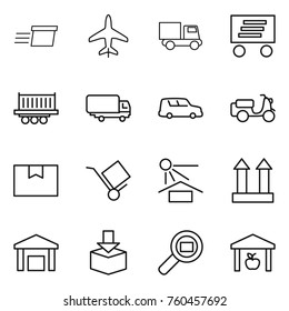 Thin line icon set : delivery, plane, truck, shipping, car, scooter, package box, trolley, sun potection, cargo top sign, warehouse, search