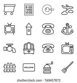 Thin line icon set : delivery, abacus, cell corection, journey, tv, tower, phone, anchor, water tap, dresser, fence, welcome mat, hand mill, fork