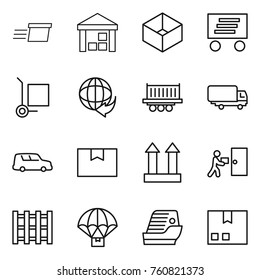 Thin line icon set : delivery, warehouse, box, cargo stoller, truck shipping, car, package, top sign, courier, pallet, parachute, cruise ship