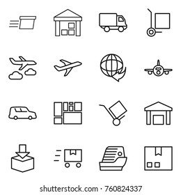 Thin line icon set : delivery, warehouse, cargo stoller, journey, plane, car shipping, consolidated, trolley, package, fast deliver, cruise ship