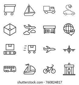 Thin line icon set : delivery, boat, truck, electric car, box, journey, gas station, transporter tape, fast deliver, plane, bus, sail, bike, detector