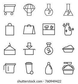 Thin line icon set : delivery, parachute, round flask, shopping bag, tools, cleanser, loading crane, package, chemical, washing, measuring cup, trash bin, powder