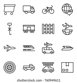 Thin line icon set : delivery, bike, do not hook sign, railroad shipping, pallet, plane, train, transfer, yacht, wheel, pickup, car wash, package