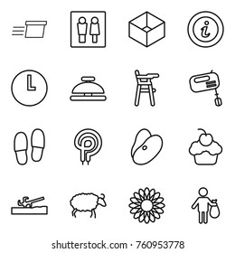 Thin line icon set : delivery, wc, box, info, clock, service bell, Chair for babies, mixer, slippers, elecric oven, beans, cupcake, soil cutter, sheep, flower, trash