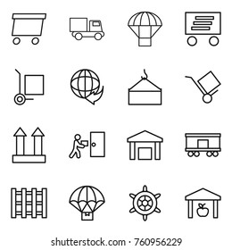 Thin line icon set : delivery, truck, parachute, cargo stoller, loading crane, trolley, top sign, courier, warehouse, railroad shipping, pallet, handwheel
