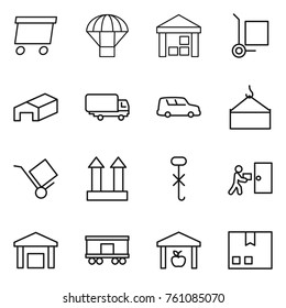 Thin line icon set : delivery, parachute, warehouse, cargo stoller, shipping, car, loading crane, trolley, top sign, do not hook, courier, railroad, package