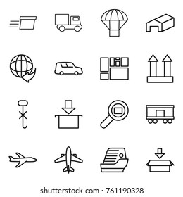 Thin line icon set : delivery, truck, parachute, warehouse, car shipping, consolidated cargo, top sign, do not hook, package, search, railroad, plane, airplane, cruise ship