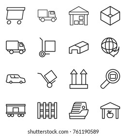 Thin line icon set : delivery, truck, warehouse, box, cargo stoller, car shipping, trolley, top sign, search, railroad, pallet, cruise ship