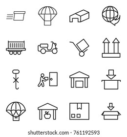 Thin line icon set : delivery, parachute, warehouse, truck shipping, scooter, trolley, cargo top sign, do not hook, courier, package
