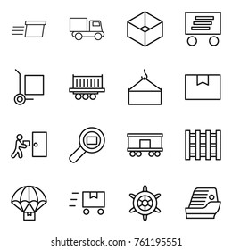 Thin line icon set : delivery, truck, box, cargo stoller, shipping, loading crane, package, courier, search, railroad, pallet, parachute, fast deliver, handwheel, cruise ship