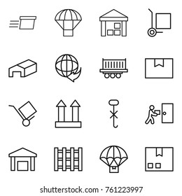 Thin line icon set : delivery, parachute, warehouse, cargo stoller, truck shipping, package box, trolley, top sign, do not hook, courier, pallet