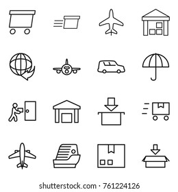 Thin line icon set : delivery, plane, warehouse, car shipping, dry cargo, courier, package, fast deliver, airplane, cruise ship