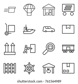 Thin line icon set : delivery, parachute, warehouse, cargo stoller, sea shipping, car, package box, top sign, courier, search, railroad, pallet, handwheel
