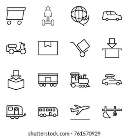 Thin line icon set : delivery, hoverboard, car shipping, scooter, package box, trolley, railroad, train, baggage, trailer, bus, departure, plow
