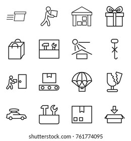 Thin line icon set : delivery, courier, warehouse, gift, shopping bag, tools, sun potection, do not hook sign, transporter tape, parachute, broken, car baggage, repair, package