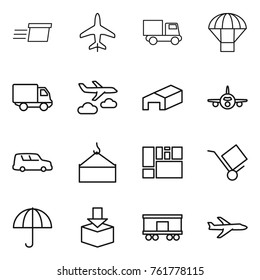 Thin line icon set : delivery, plane, truck, parachute, journey, warehouse, car shipping, loading crane, consolidated cargo, trolley, dry, package, railroad