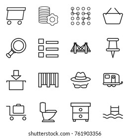 Thin line icon set : delivery, virtual mining, chip, basket, magnifier, list, bridge, pin, package, bar code, confidential, trailer, baggage trolley, toilet, nightstand, pool