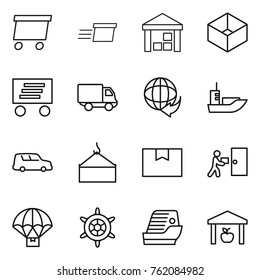 Thin line icon set : delivery, warehouse, box, sea shipping, car, loading crane, package, courier, parachute, handwheel, cruise ship