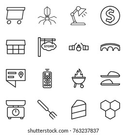 Thin line icon set : delivery, virus, table lamp, dollar coin, market, store signboard, drawbridge, bridge, location details, remote control, bbq, slippers, kitchen scales, big fork, cake