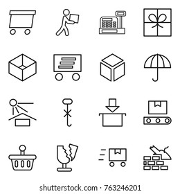 Thin line icon set : delivery, courier, cashbox, gift, box, 3d, dry cargo, sun potection, do not hook sign, package, transporter tape, basket, broken, fast deliver, construct garbage