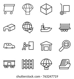 Thin line icon set : delivery, parachute, box, cargo stoller, warehouse, sea shipping, truck, car, courier, search, railroad, pallet, cruise ship