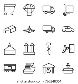 Thin line icon set : delivery, parachute, cargo stoller, warehouse, plane, shipping, car, loading crane, top sign, do not hook, courier, railroad, cruise ship, package
