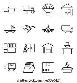 Thin line icon set : delivery, truck, parachute, warehouse, plane, shipping, consolidated cargo, courier, package, fast deliver, cruise ship