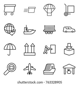 Thin line icon set : delivery, parachute, cargo stoller, sea shipping, truck, car, dry, top sign, courier, package, search, airplane, cruise ship, warehouse