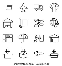 Thin line icon set : delivery, plane, truck, parachute, warehouse, cargo stoller, journey, consolidated, dry, courier, package
