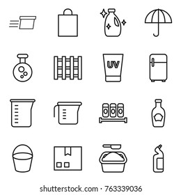 Thin line icon set : delivery, shopping bag, cleanser, dry cargo, chemical, pallet, uv cream, fridge, measuring cup, spices, ketchup, bucket, package, washing powder, toilet