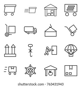 Thin line icon set : delivery, warehouse, cargo stoller, shipping, loading crane, trolley, top sign, do not hook, courier, parachute, fast deliver, handwheel, package